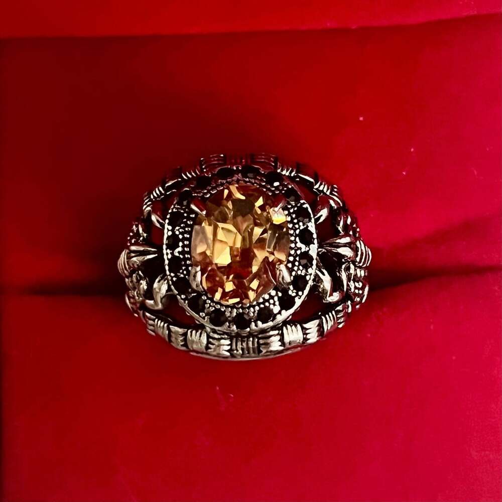 Vintage Scorpion Yellow CZ Ring Antique Silver Tone Size 9